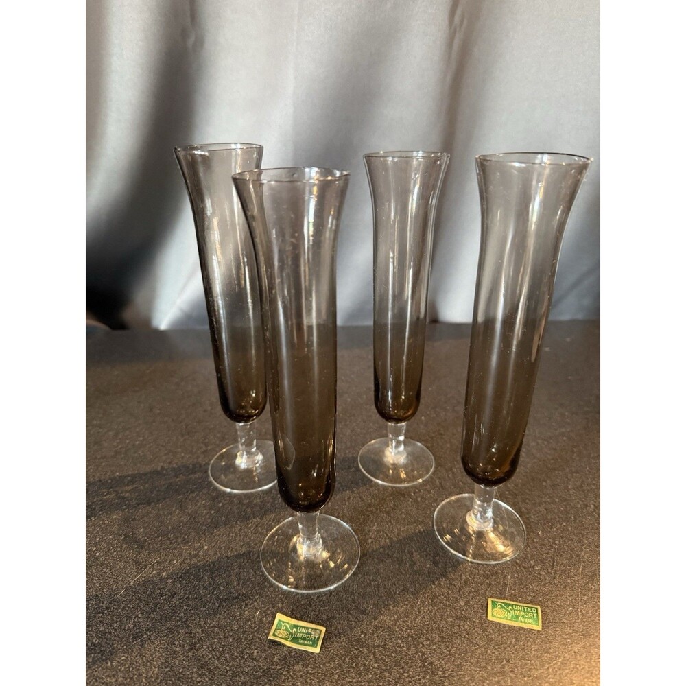 Vintage Smokey Grey Glass Fluted Bud Vases Set Of 4 Glam Retro Classic 8 Inches